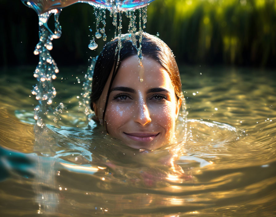 Smiling woman in water with sunlight and droplets