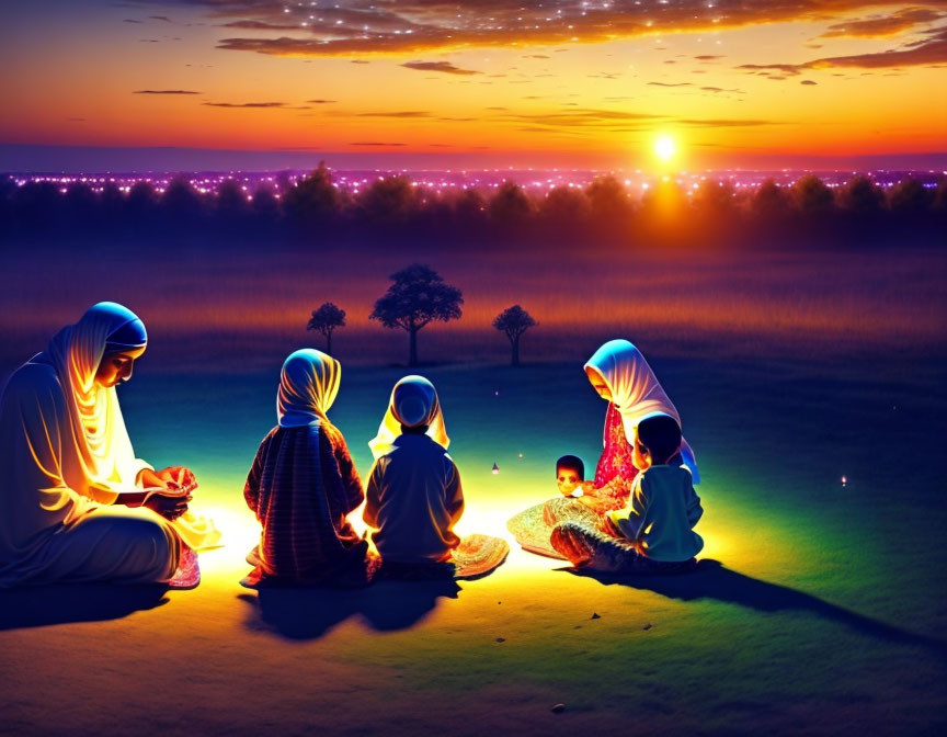 Group of people in traditional clothing at twilight with lit candles in peaceful ceremony under vibrant sunset sky