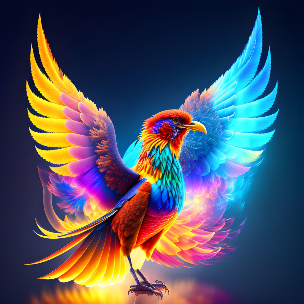 Colorful Bird Artwork with Luminous Wings on Dark Blue Background