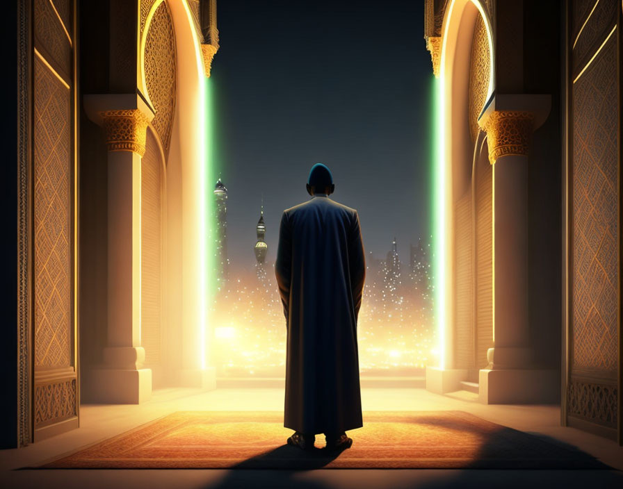 Cloaked figure at ornate doorway gazes at futuristic cityscape