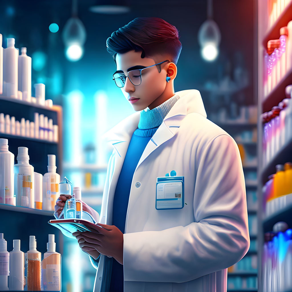 Pharmacist in Glasses Writing on Clipboard Among Medicine Shelves