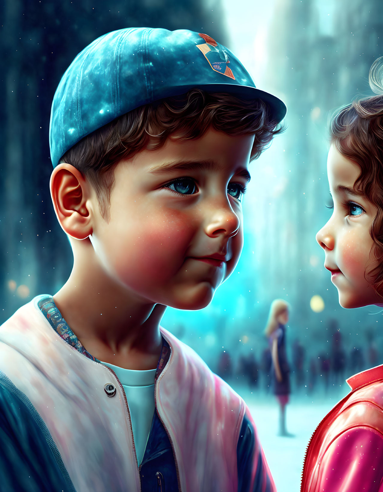 Digital illustration of young boy and girl in cap, with city lights in background