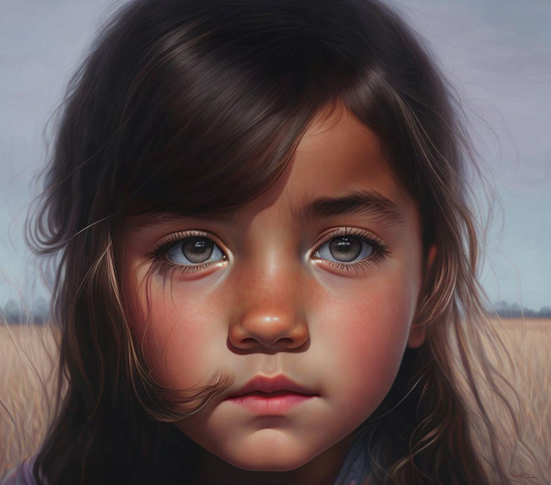 Hyperrealistic Painting: Young Girl with Brown Hair and Brown Eyes in Blurry Field