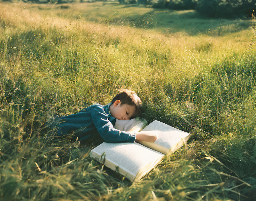 Child Sleeping on Large Open Book in Sunlit Field