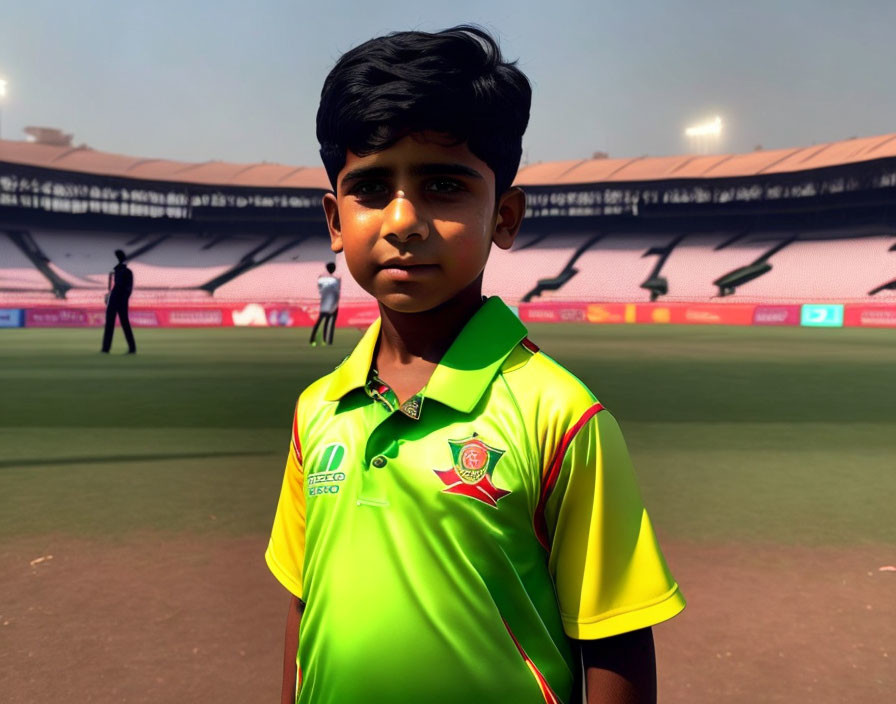 Young boy in green and yellow cricket jersey on field with stadium background