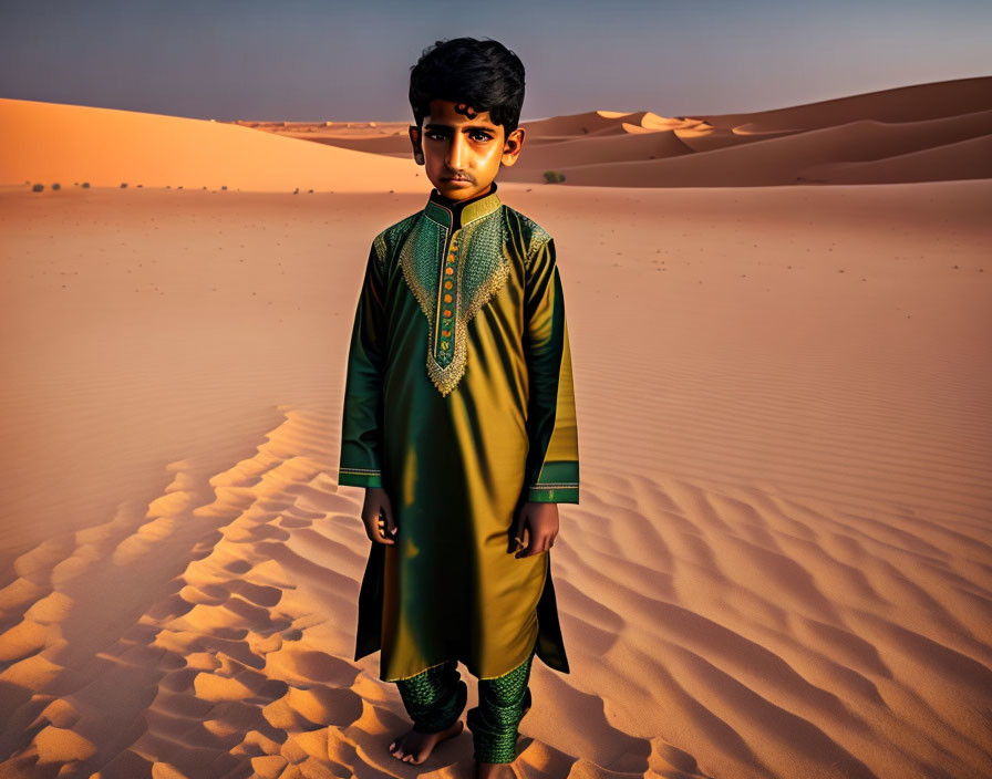 Young boy in traditional clothing standing in desert sunset.