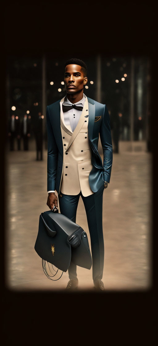 Stylish man in blue and beige tuxedo with bow tie and matching helmet in ambient-l