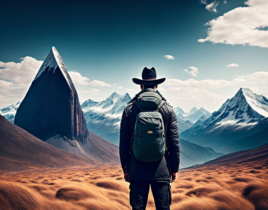 Person in Cowboy Hat Stands by Mountain Peak