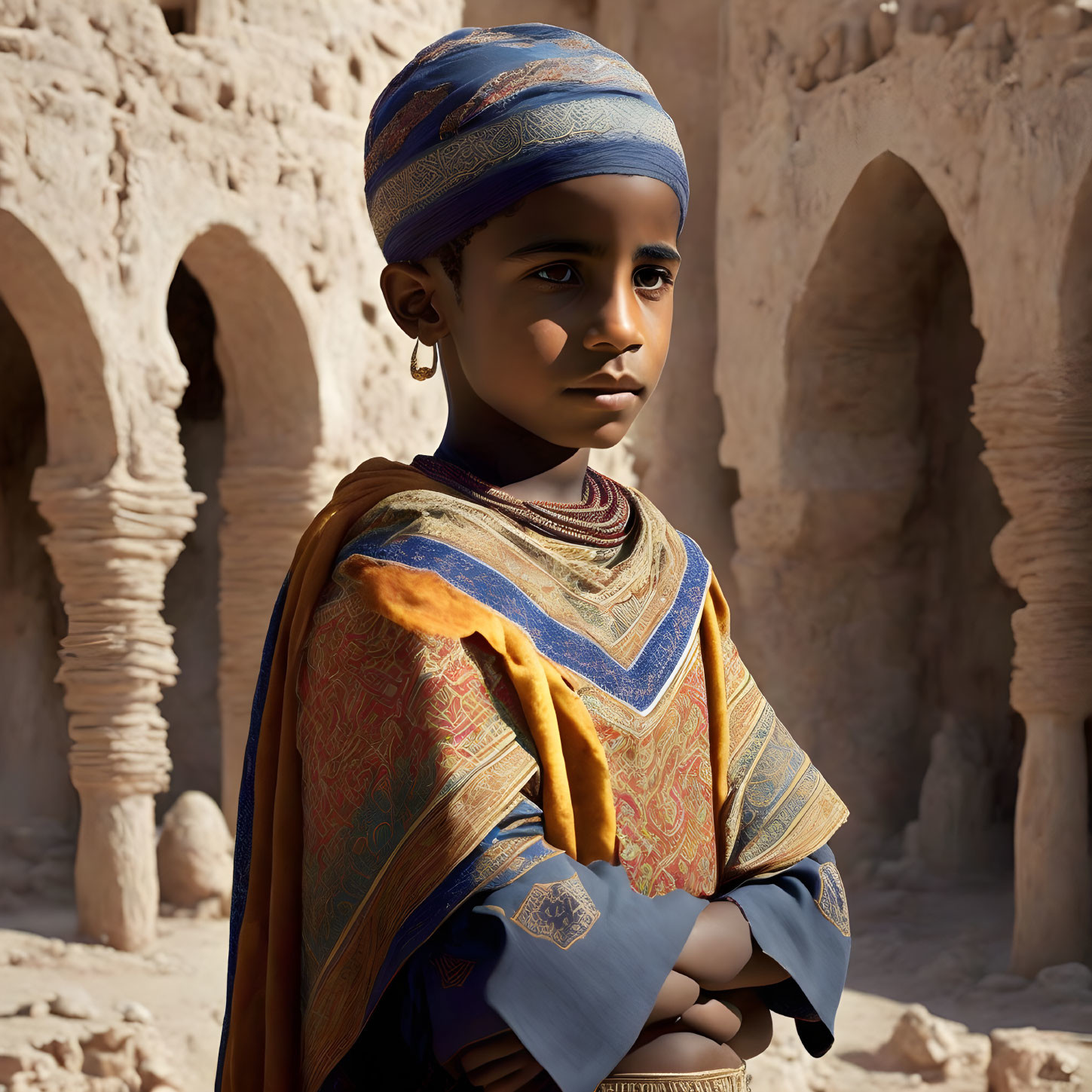 Young boy in blue turban in sandy setting with thoughtful expression