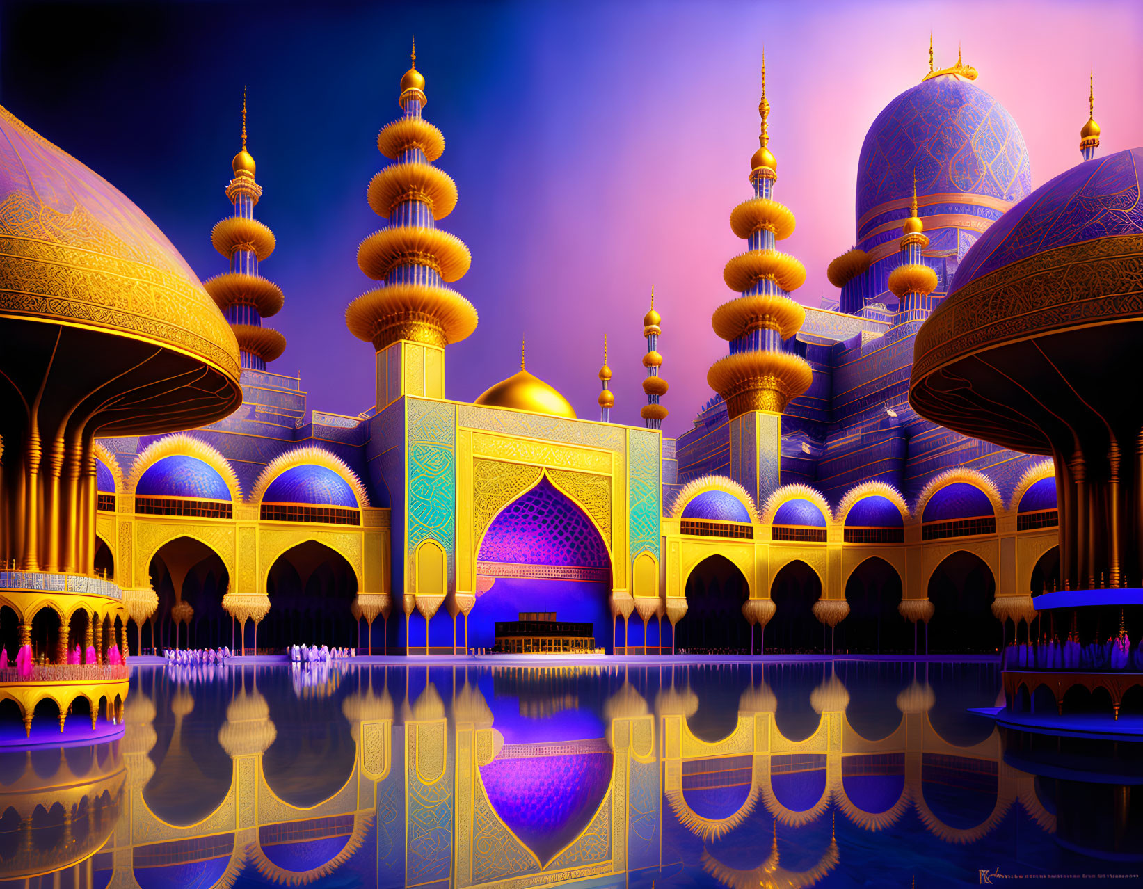 Golden-domed mosque with intricate designs reflecting on water at twilight