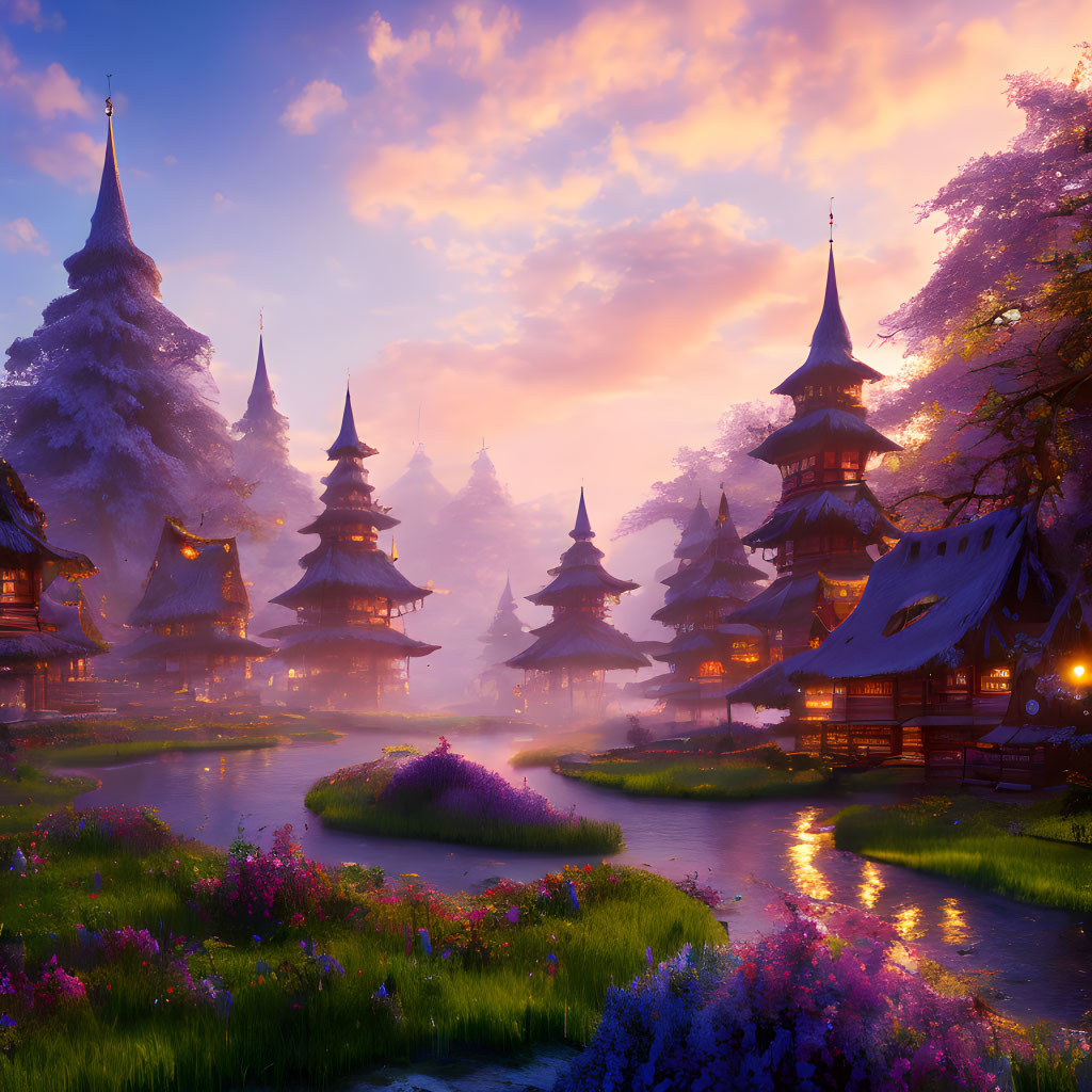 Traditional village with pagodas, pink trees, lanterns, and river at dusk