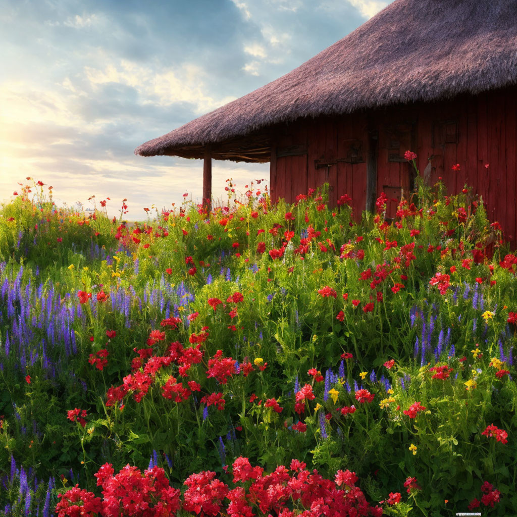 Thatched-roof cottage surrounded by red and purple wildflowers at dusk