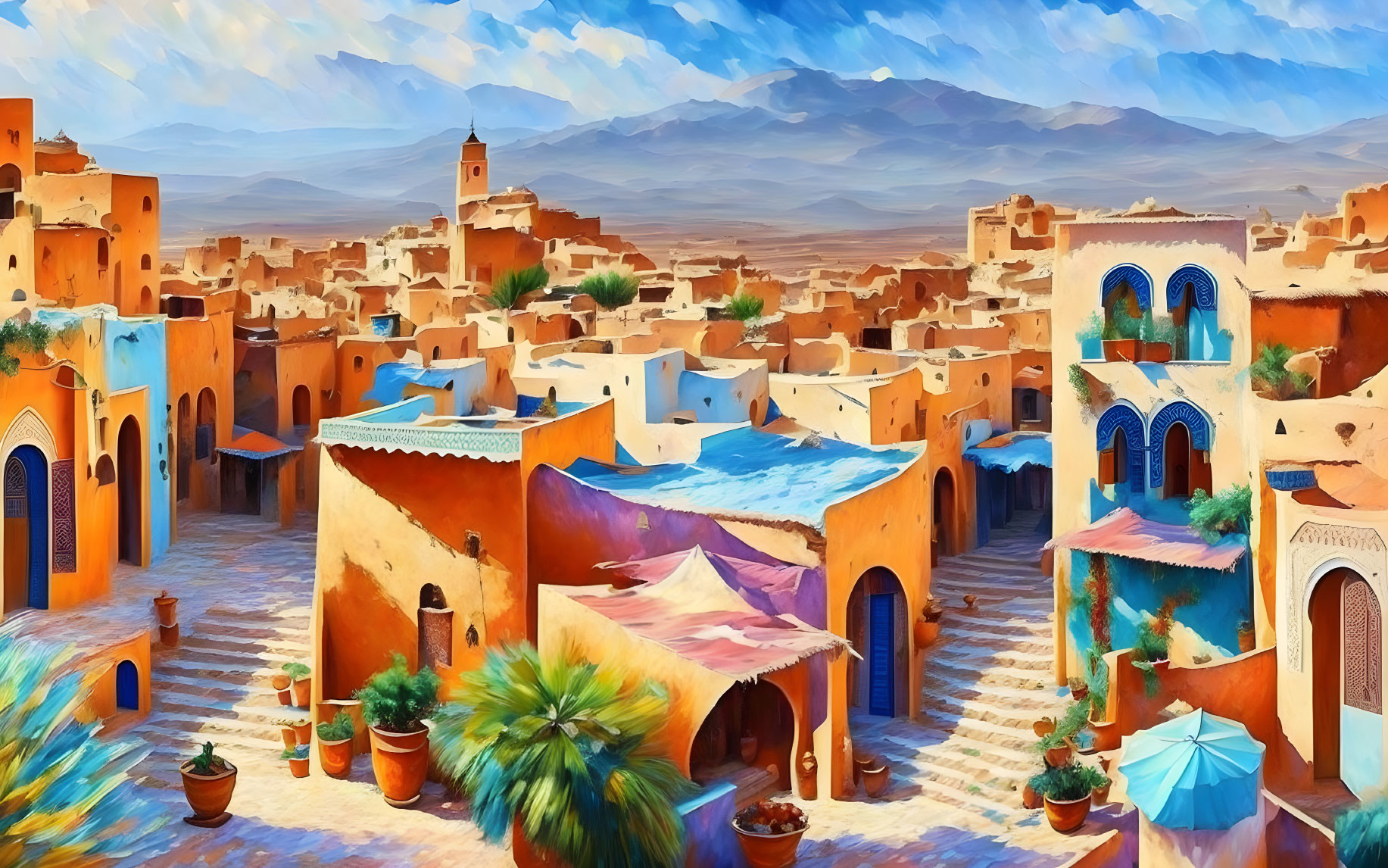 Vibrant town painting with terracotta buildings and blue accents