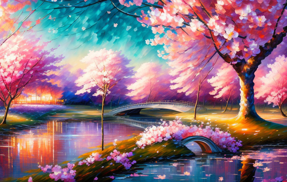 Colorful Cherry Blossom Landscape with River and Bridge