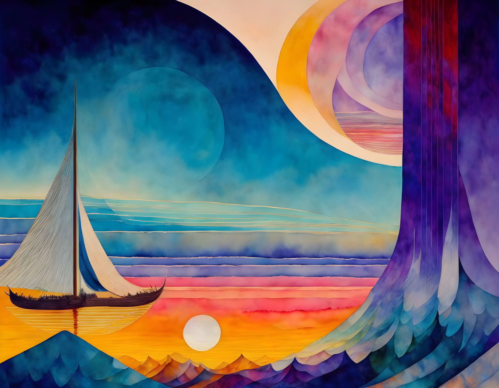 Colorful sailboat illustration on whimsical sea and sky