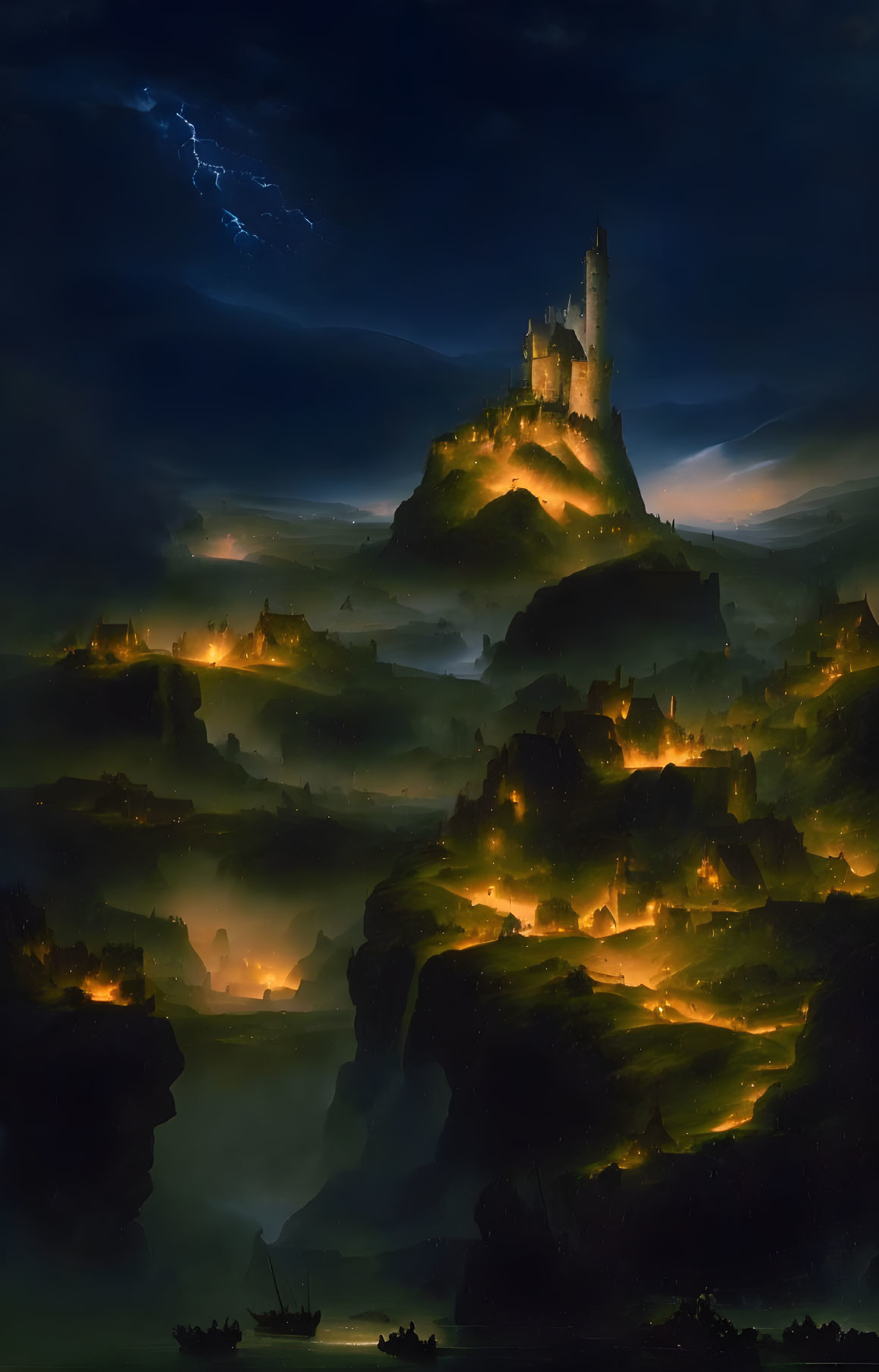 Mystical nighttime landscape with illuminated castle on mountain amid low clouds