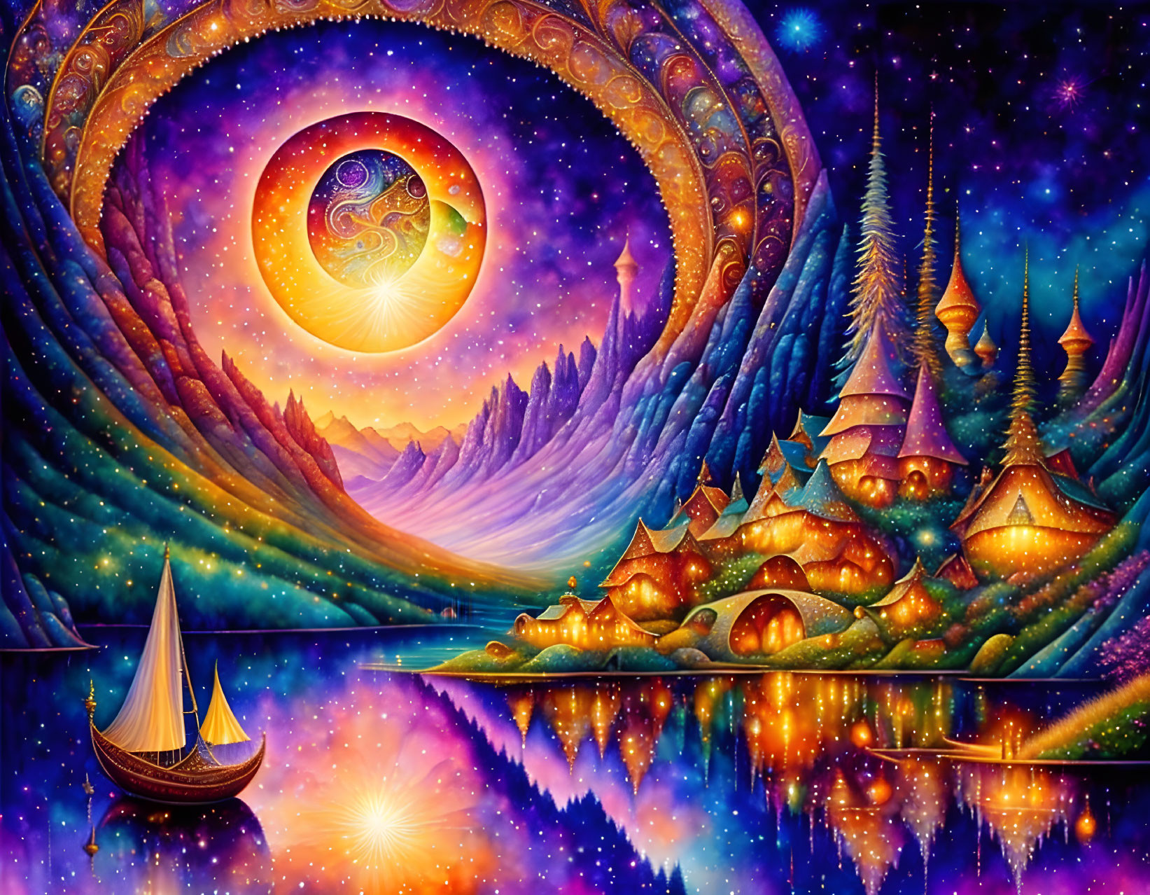 Fantastical landscape with starry sky, celestial bodies, whimsical houses, and sailboat.