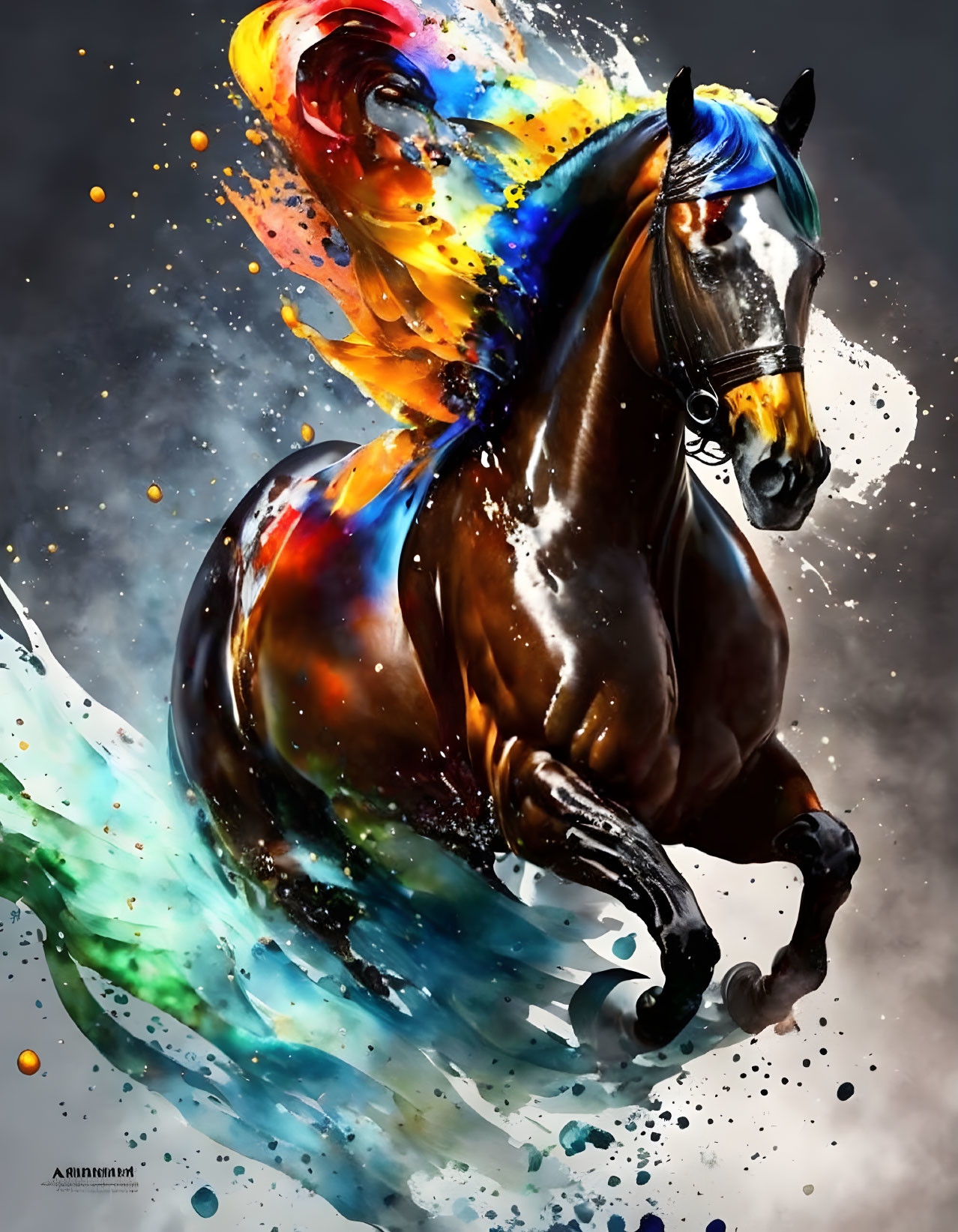 Vibrant digital art of majestic horse with colorful mane and tail against moody backdrop