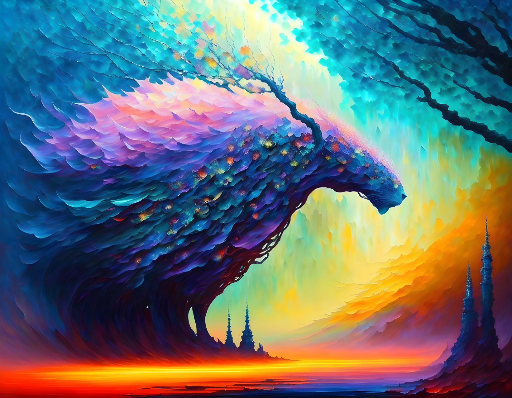 Colorful Fantastical Eagle Soaring over Fiery Sunset Landscape