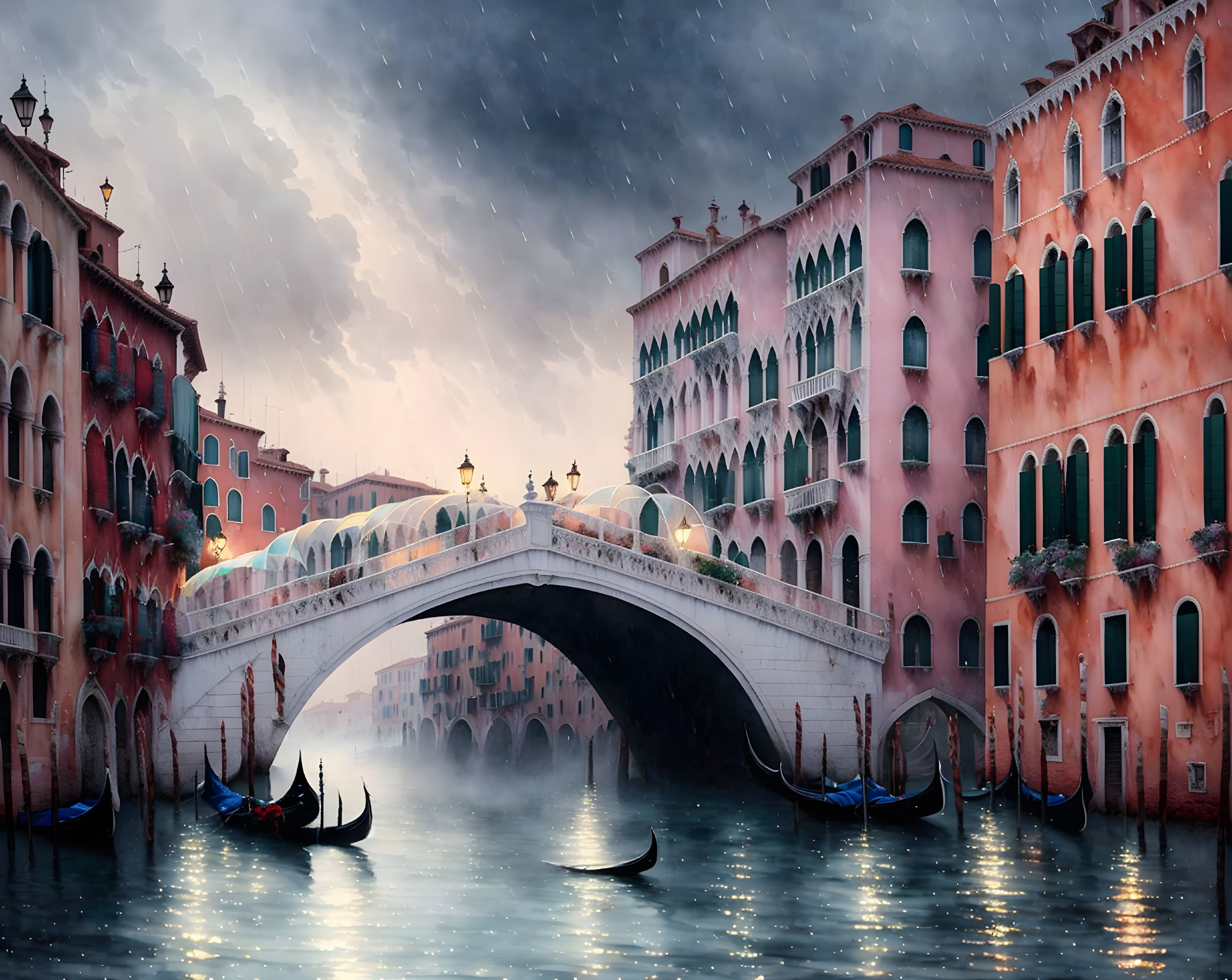 Venice landscape with gondolas, bridge, historic buildings, and stormy sky