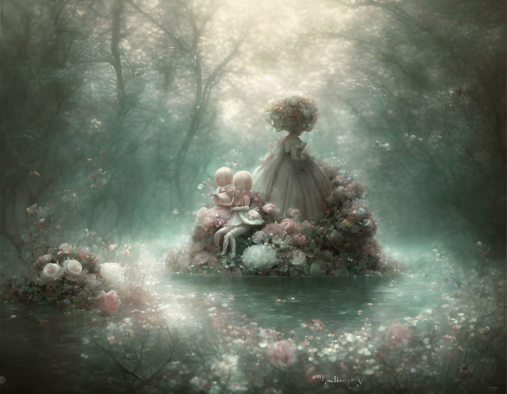 Ethereal figures in misty forest surrounded by lush flowers