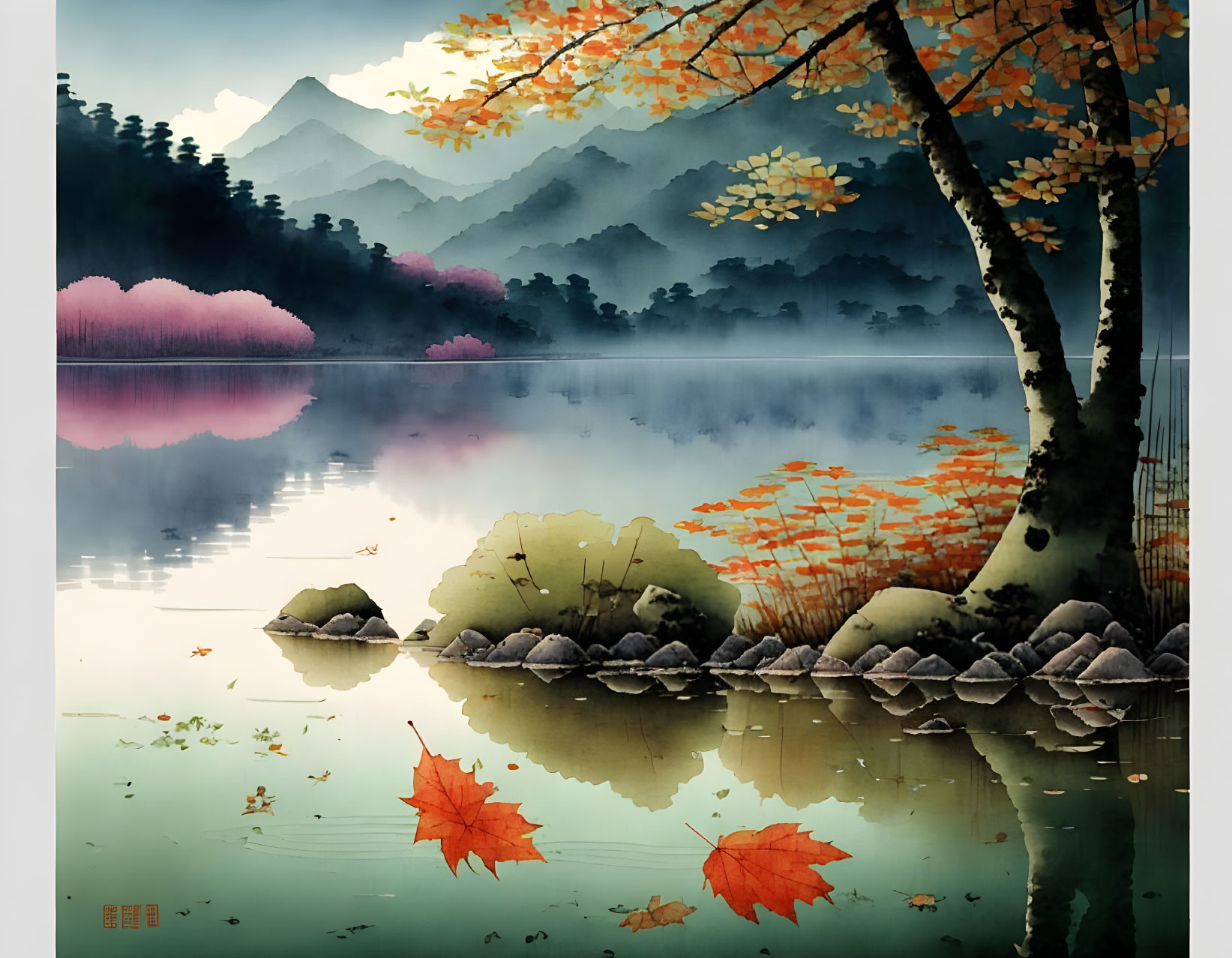 Tranquil autumn lake scene with mountains and foliage