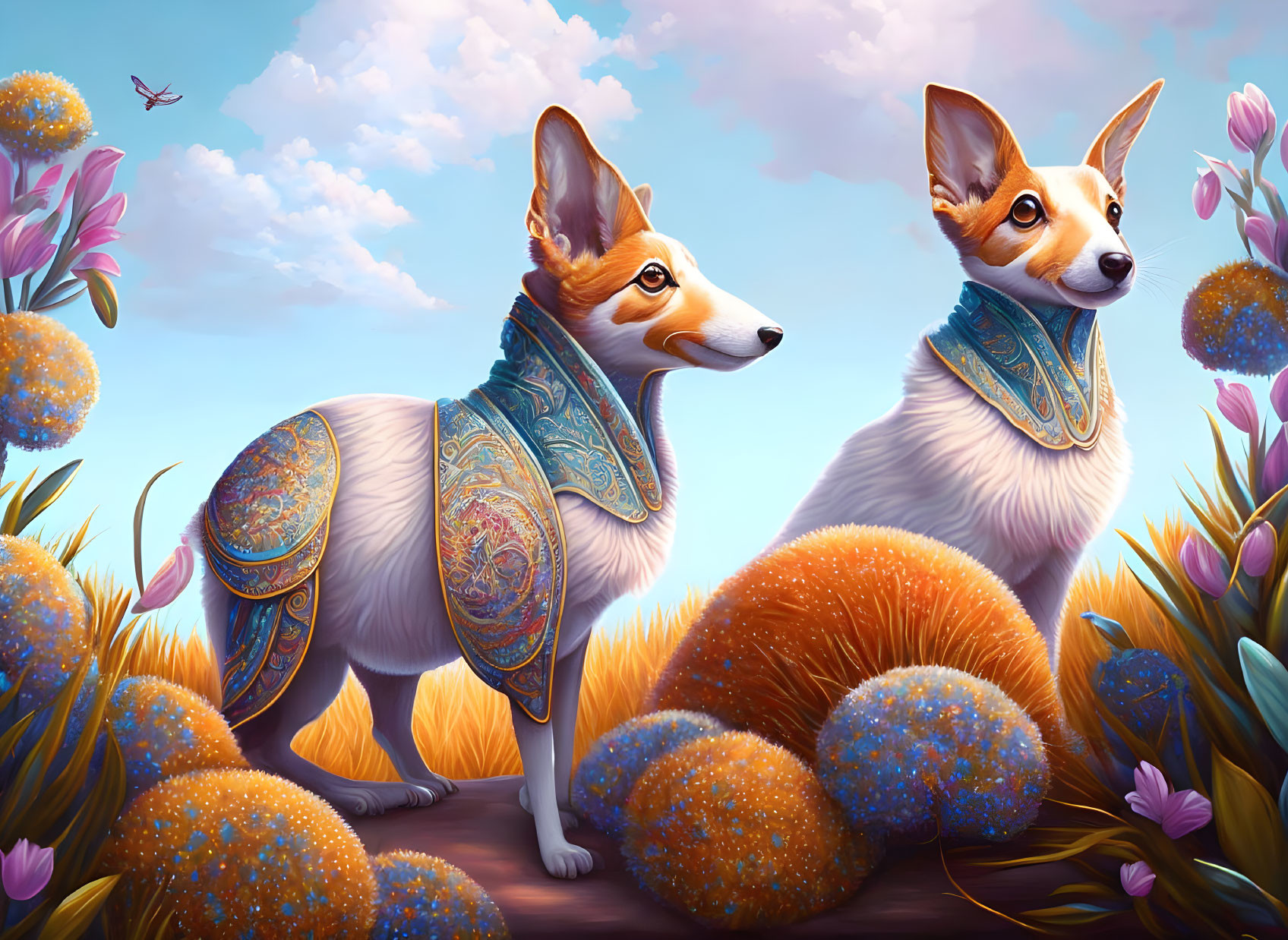 Stylized whimsical corgis in ornate cloaks on vibrant field