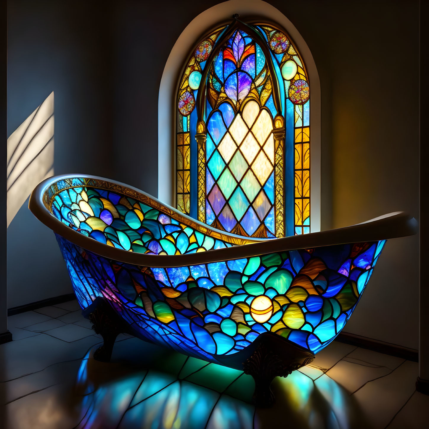 Stained Glass Bathtub with Arched Window Reflections