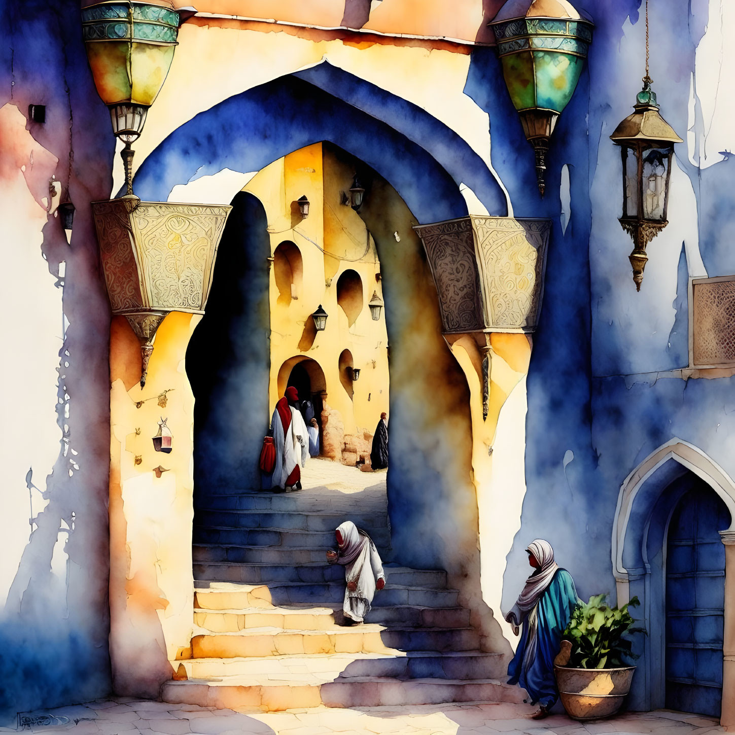 Colorful Watercolor Illustration of Middle Eastern Bazaar Scene