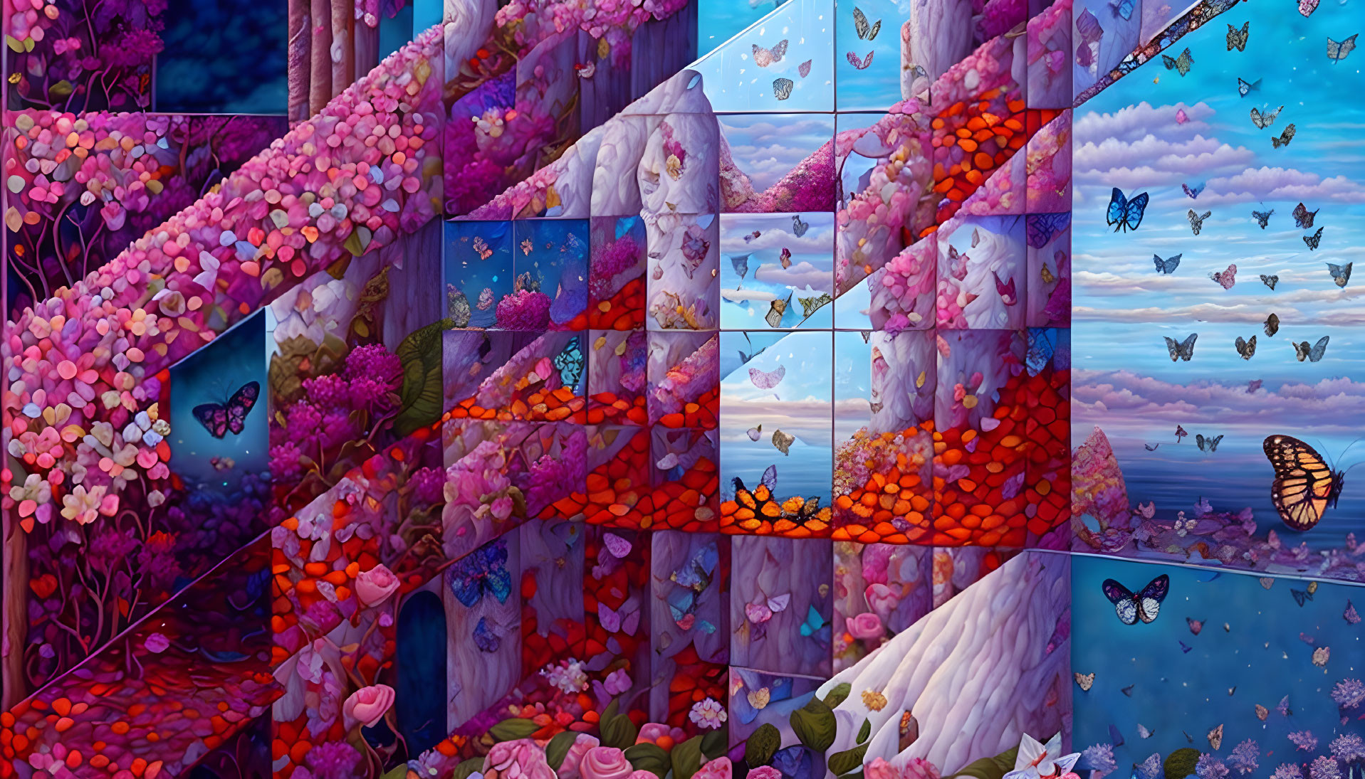 Vibrant mosaic artwork featuring butterflies, flowers, and day-to-night sky transitions