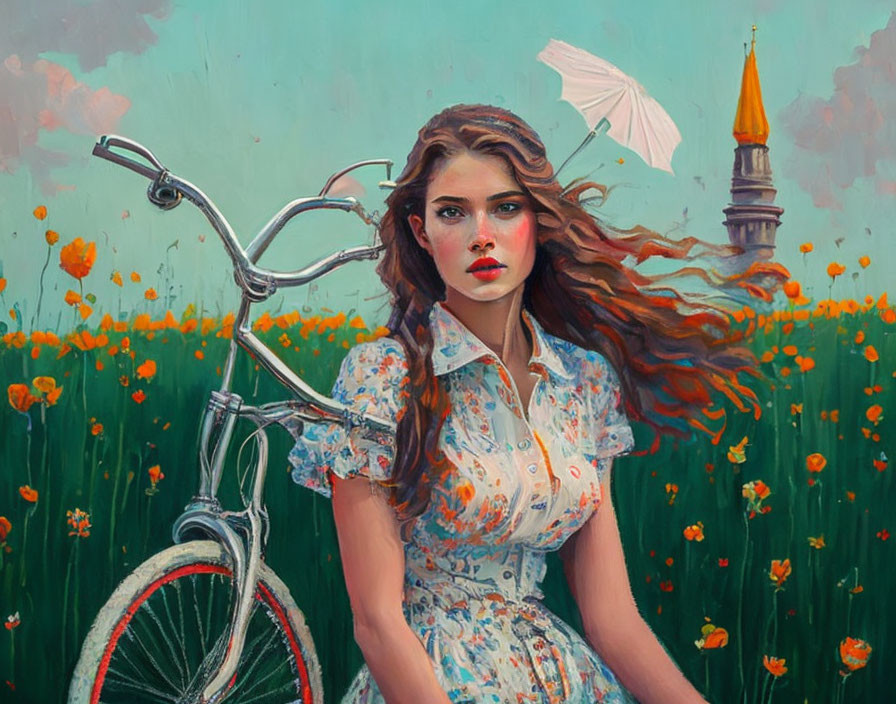 Woman with flowing hair holding white umbrella in poppy field with bicycle and minaret