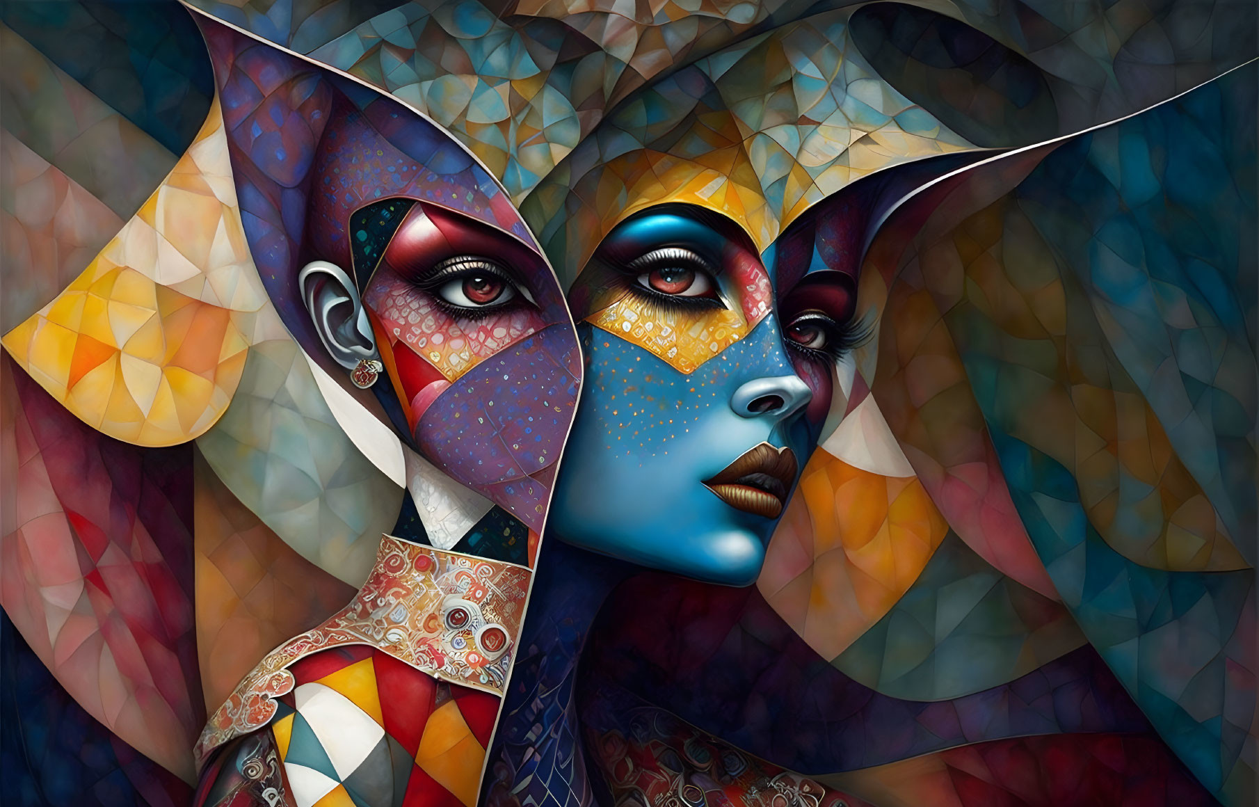 Colorful digital artwork of two women's faces with butterfly motif