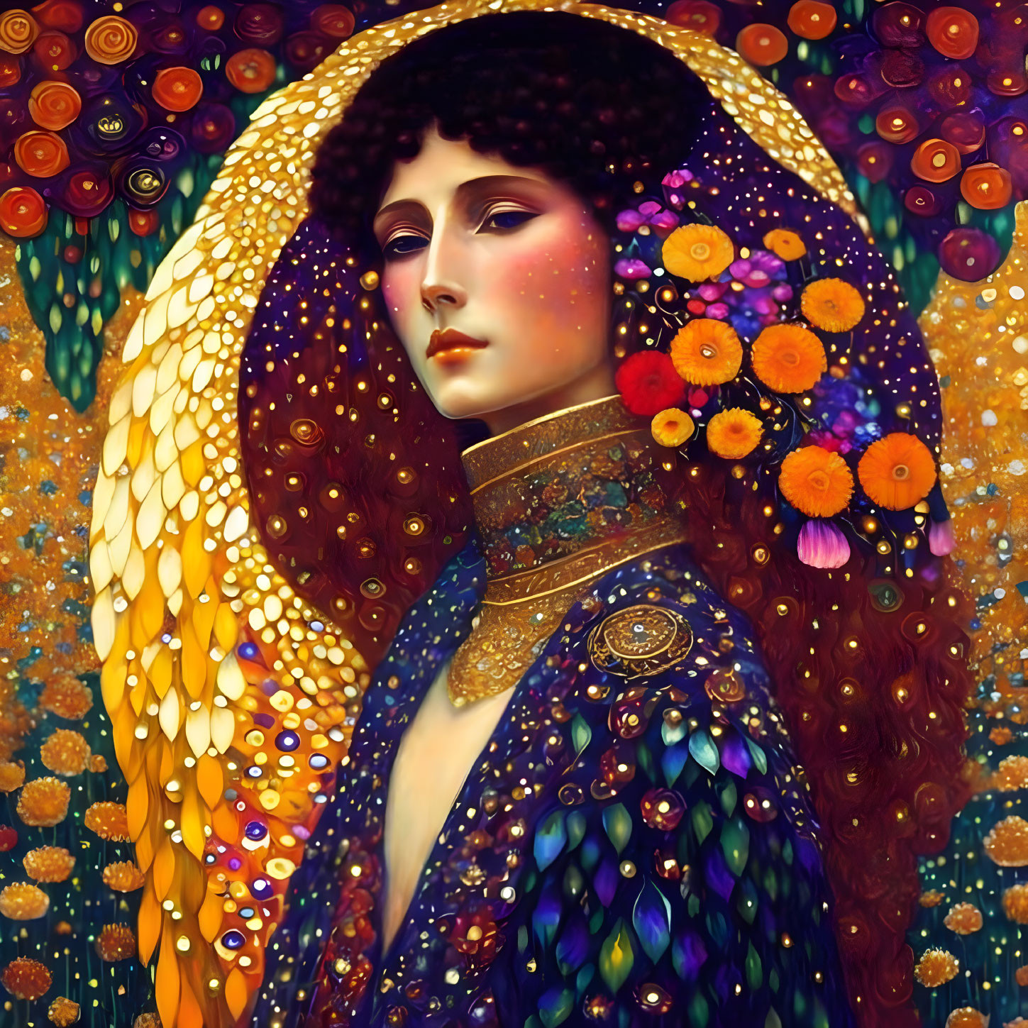 Colorful portrait of woman with flowing hair, blue and gold cloak, floral motifs, starry backdrop