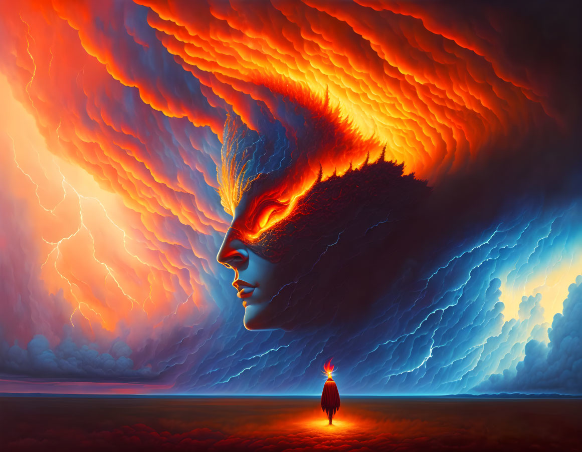 Colorful artwork: Giant face profile merges with fiery clouds above solitary figure in lightning storm