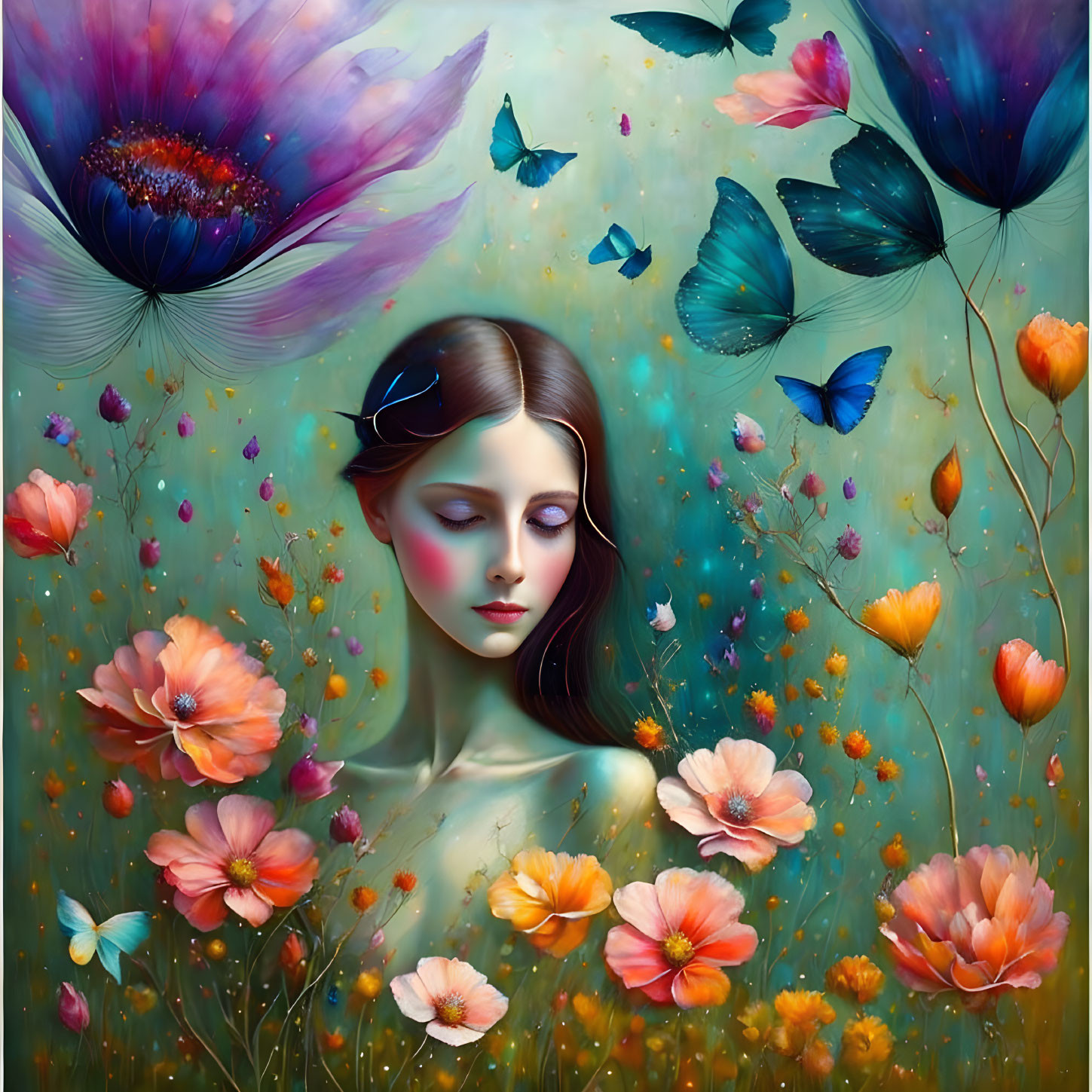 Colorful Blooming Flowers and Butterflies Surrounding Woman in Surreal Portrait