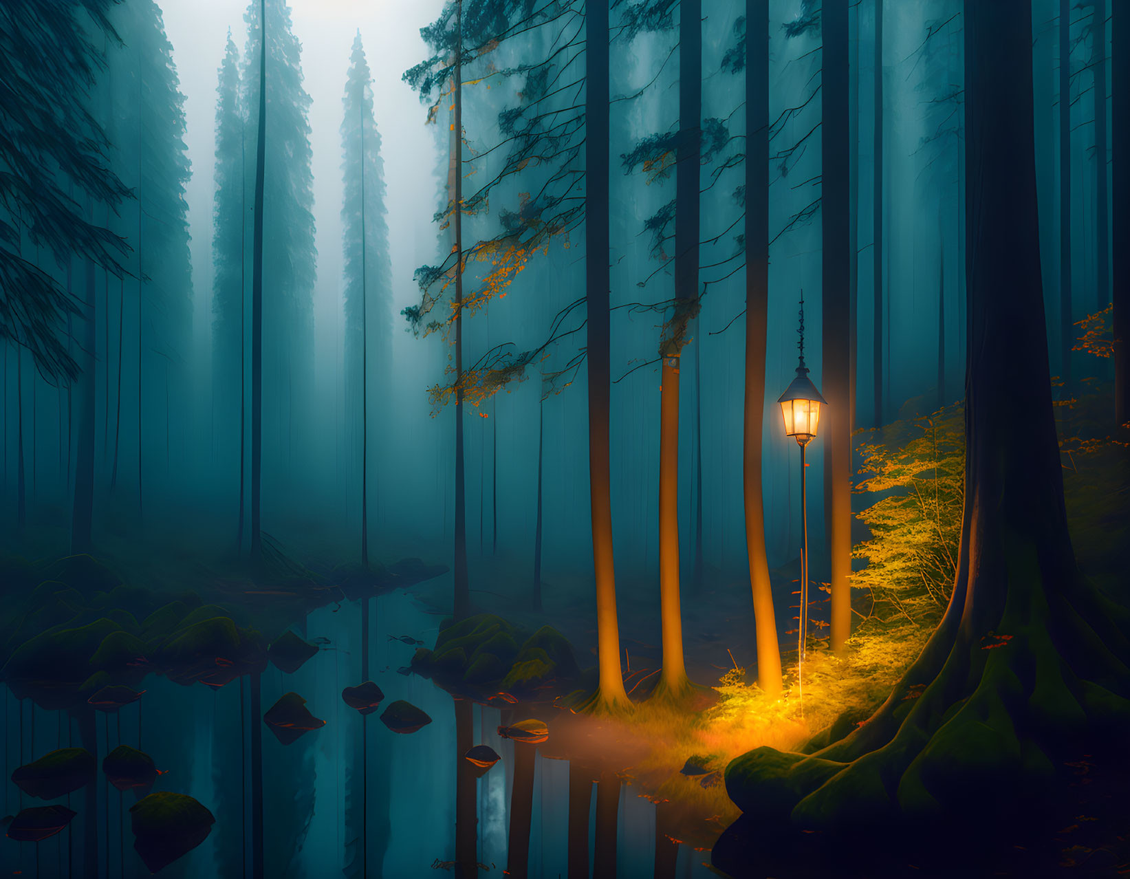 Enchanted forest with tall trees, blue fog, lamppost, pond, and twilight sky