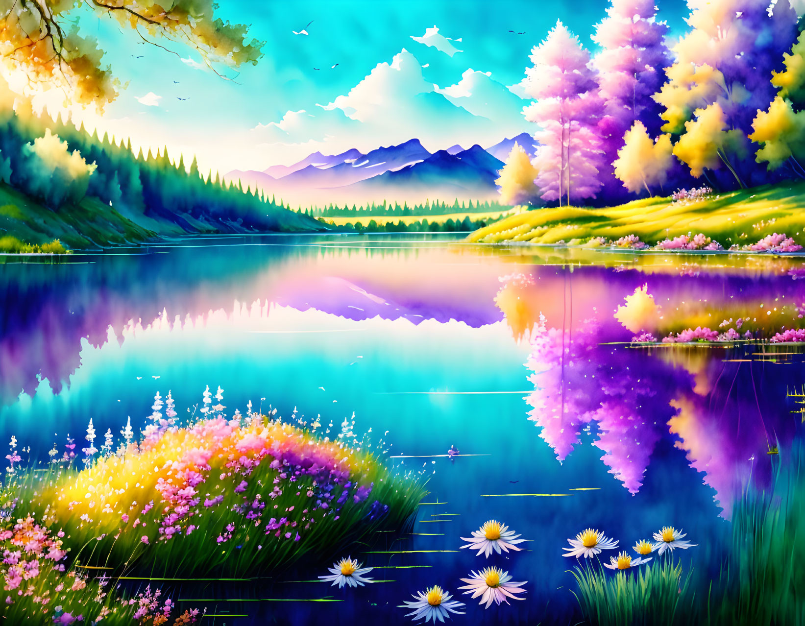 Colorful landscape: Serene lake, pink & purple trees, distant mountains, blue sky