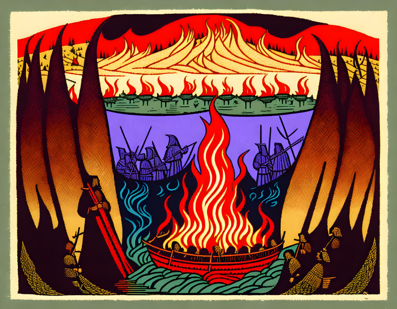 Illustration of Norse funeral with flaming boat, warriors, and weapons in fiery setting