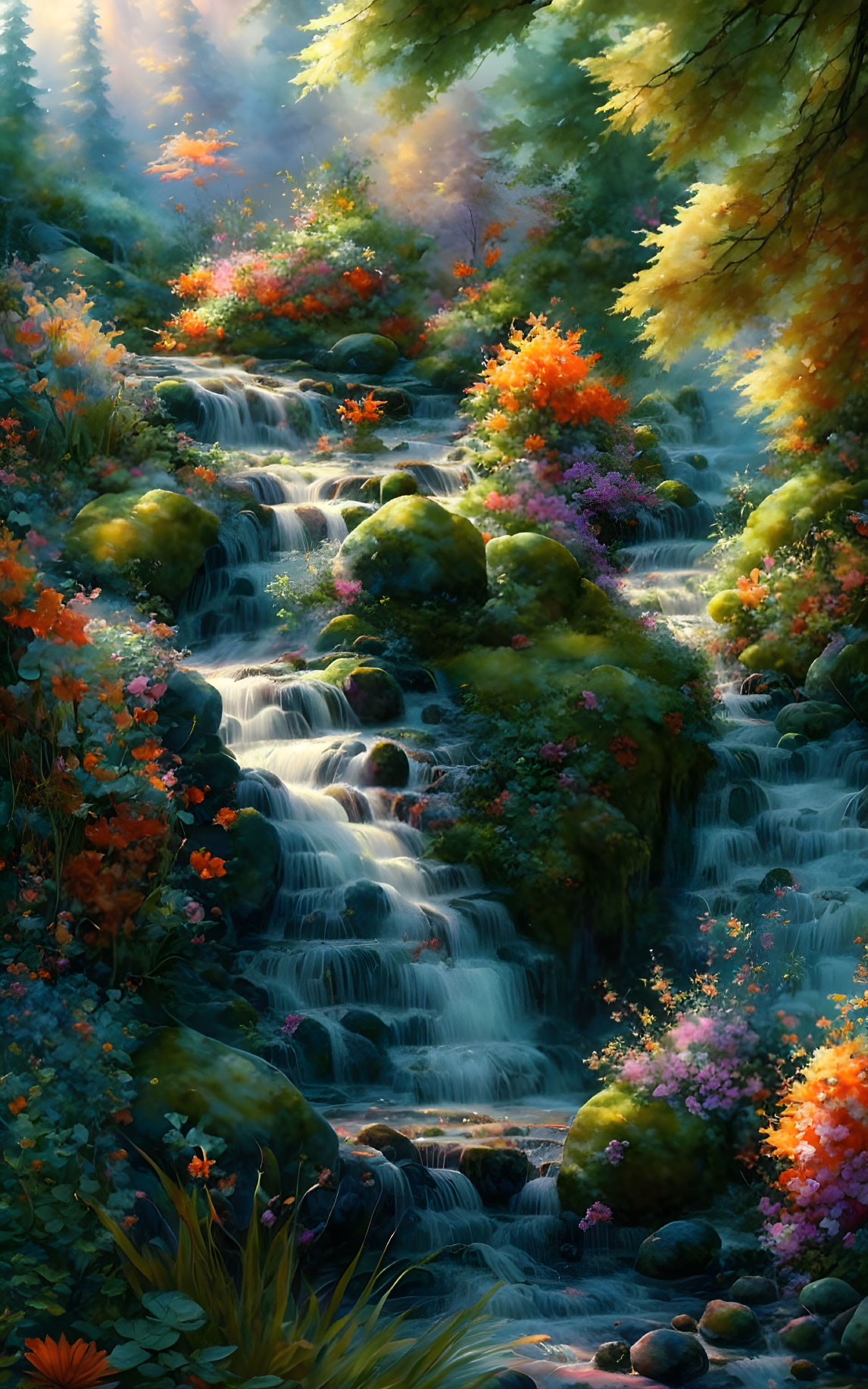 Tranquil waterfall in lush greenery with vibrant flowers