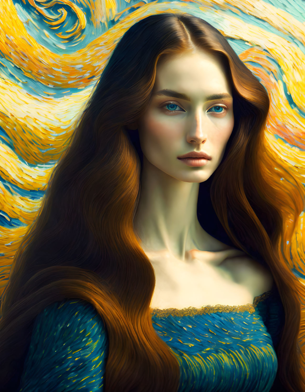 Portrait of woman with auburn hair and blue eyes in Van Gogh-style background