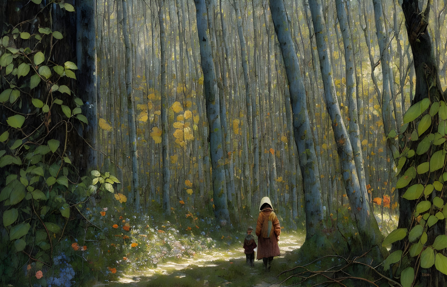 Tranquil forest scene with woman and child walking hand in hand