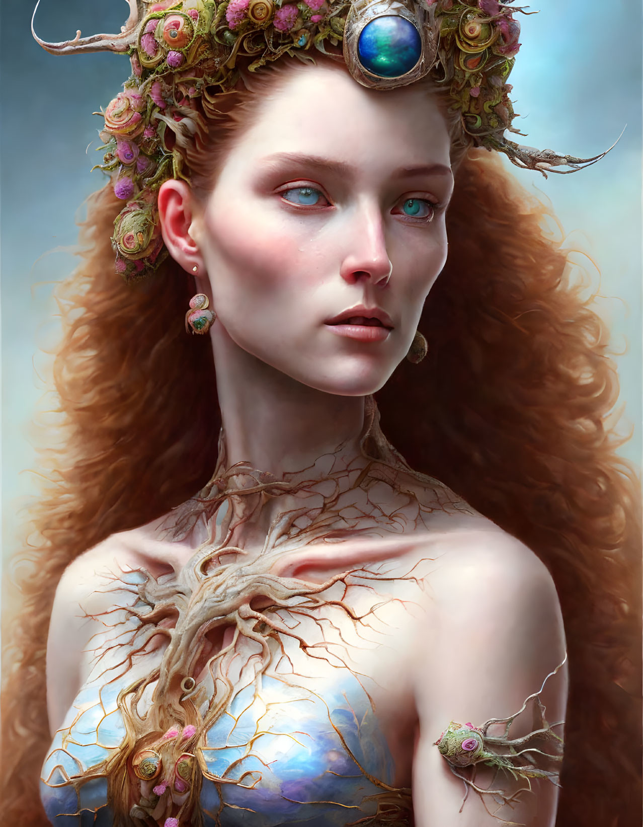 Fantasy portrait of woman with red curly hair and floral crown