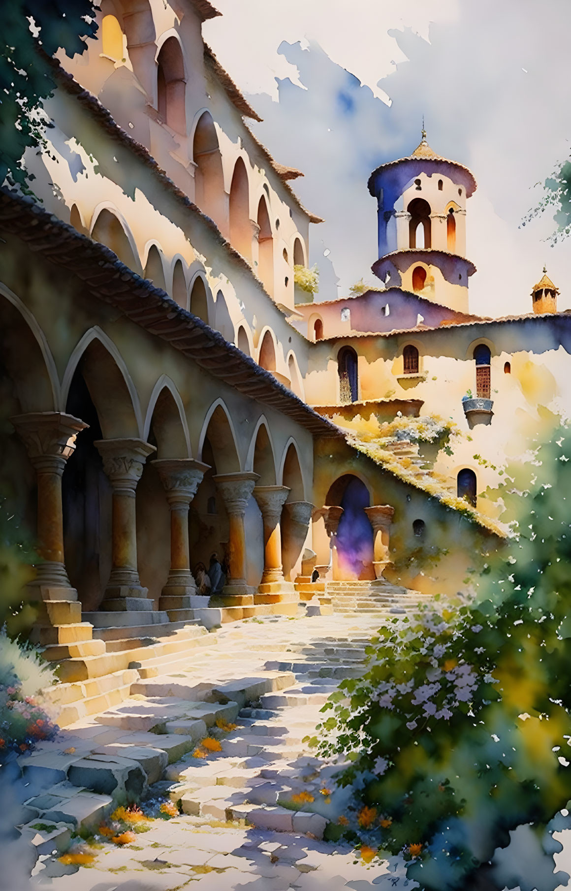 Sunlit Old Monastery Watercolor Painting with Arched Colonnades