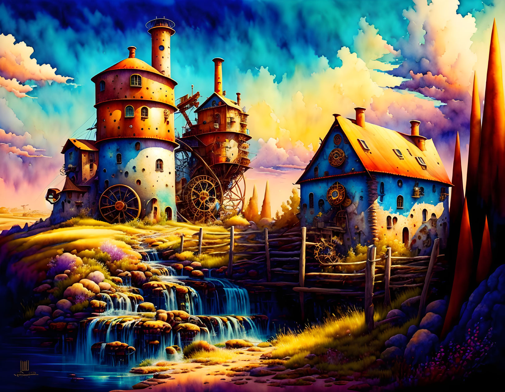 Fantastical Clockwork Buildings in Dreamlike Landscape