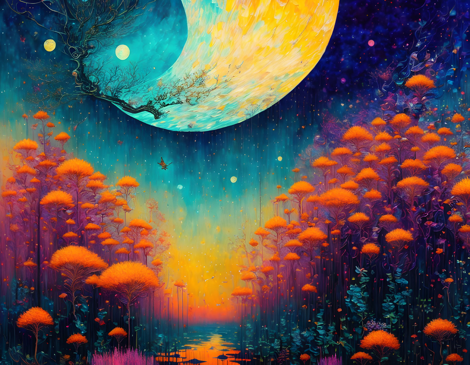 Fantastical landscape with orange foliage, blue lake, swirling yellow planet, star-filled sky.