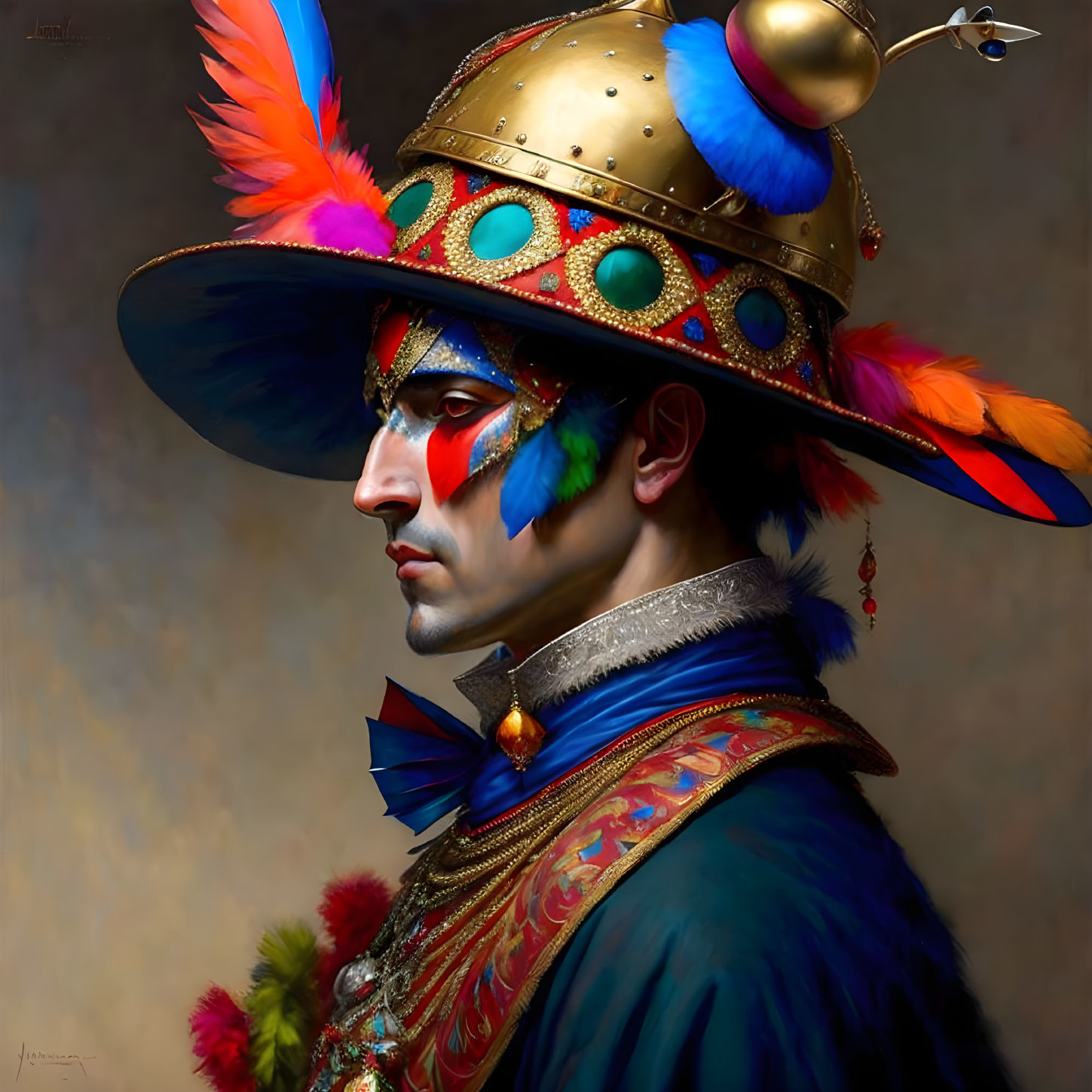 Person with ornate feathered helmet and face paint gazing sideways