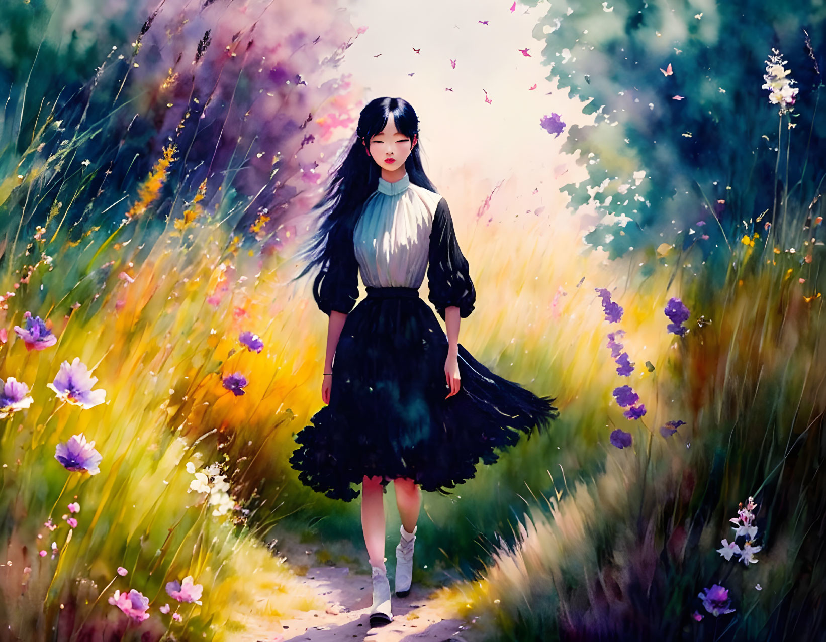 Girl in dark dress on sunlit path surrounded by vibrant wildflowers and butterflies.