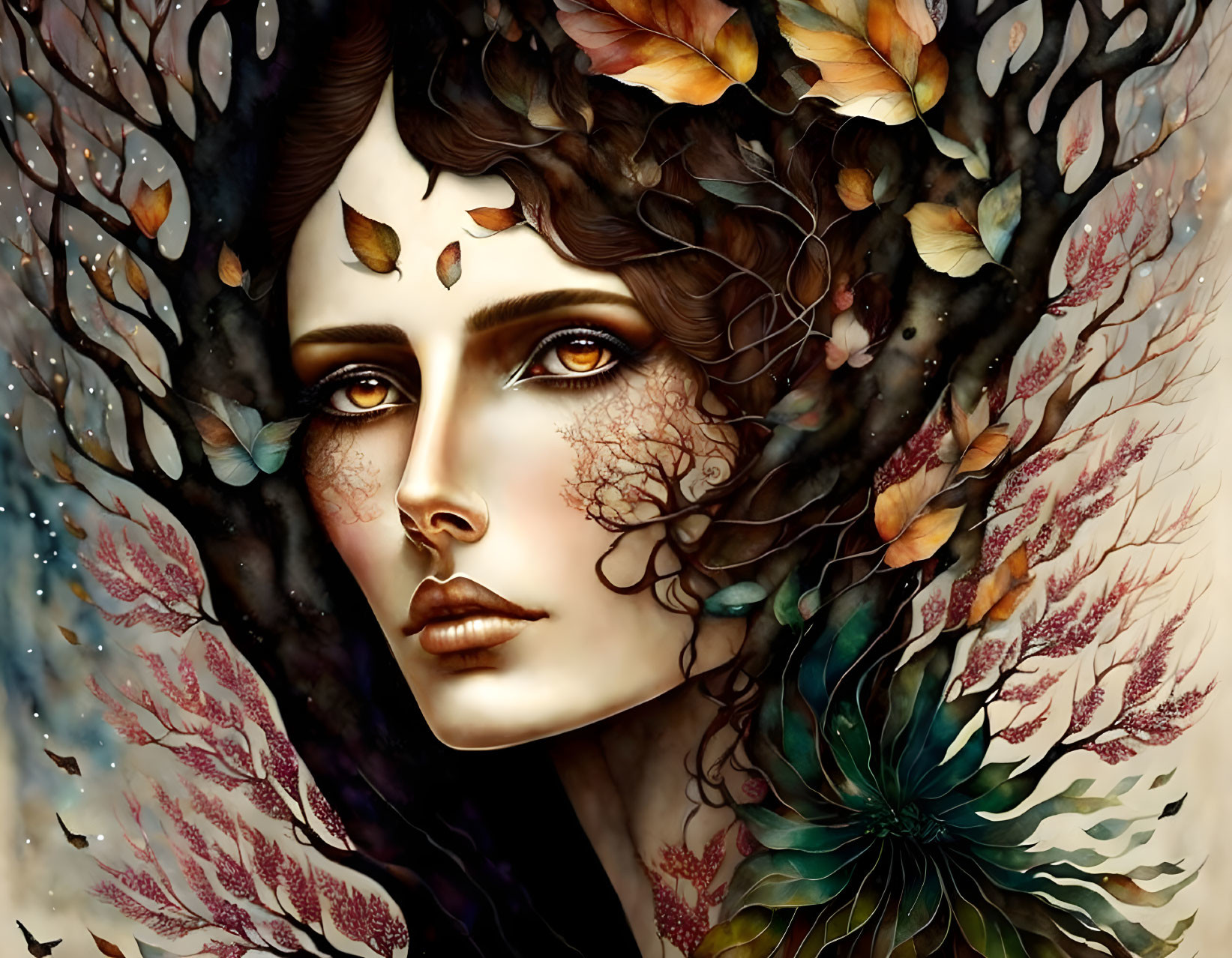 Fantasy illustration of woman with autumn leaves, branches, butterflies, and coral structures