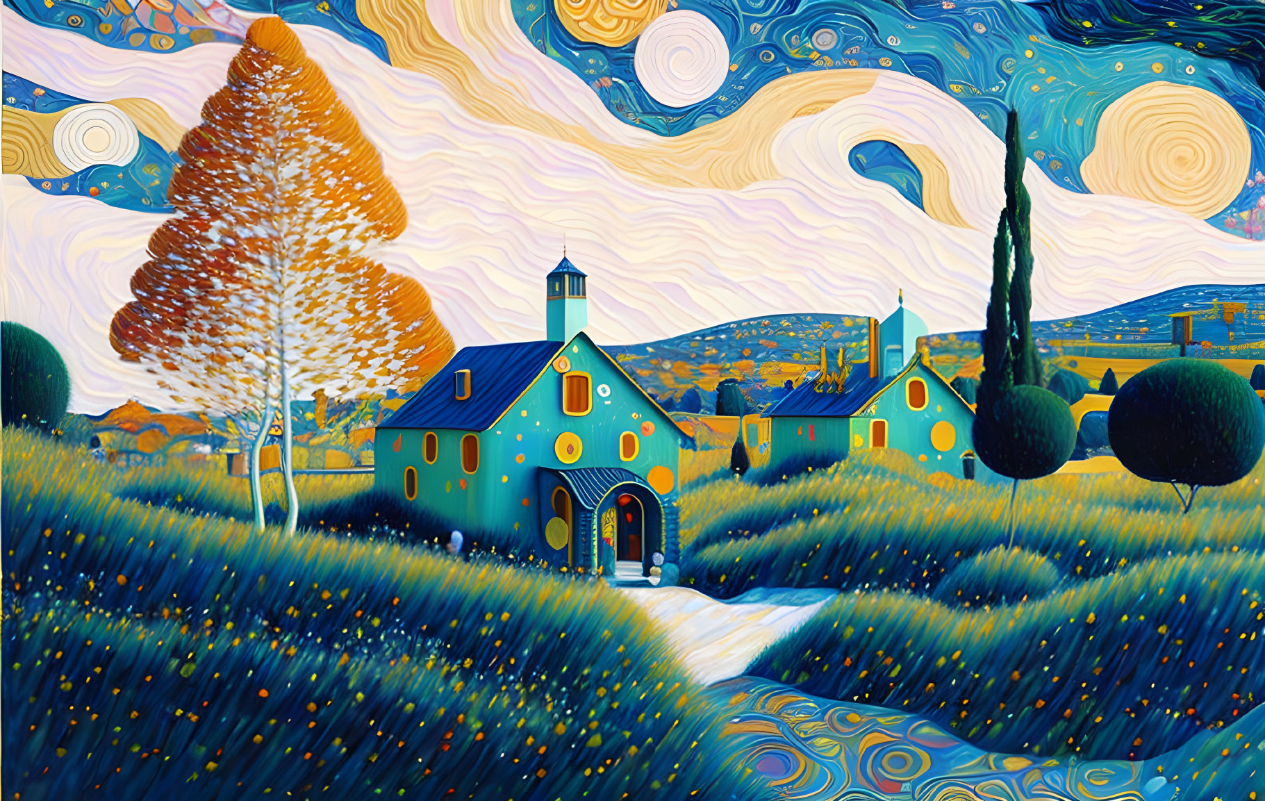 Swirling Sky Landscape with Blue House and Starry Night Sky