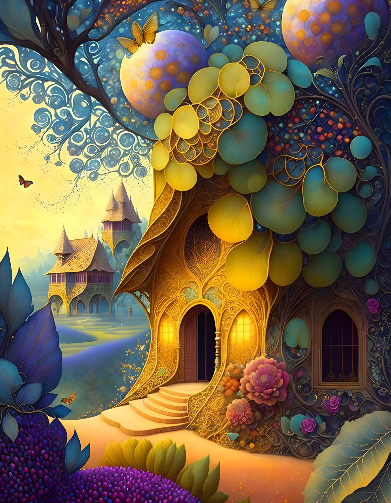 Vibrant tree-shaped house with golden doors in whimsical illustration